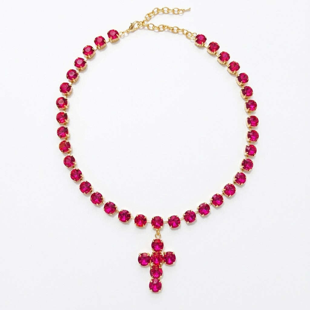 European and American Gemstone-Inlaid Multicolor Layered Mode Tassel Cross Collier Wit