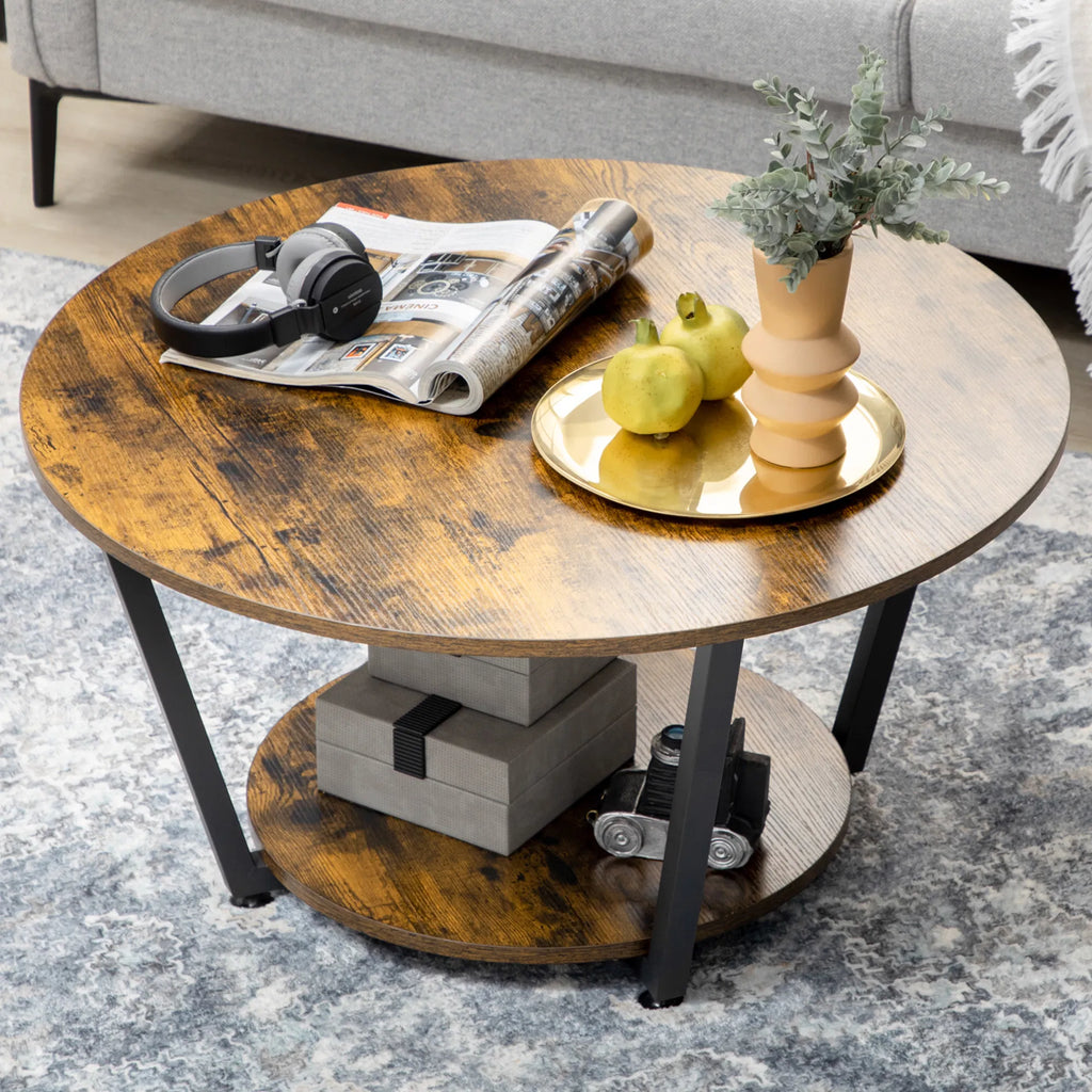 Table à café ronde de 2 étages avec plateau de rangement