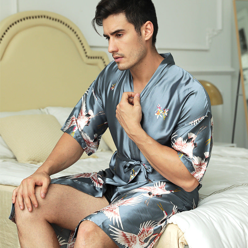 Mi-long Imprimé artificielle soie chemise de nuit homme Groom Best Man Morning Gowns Sexy Pajam