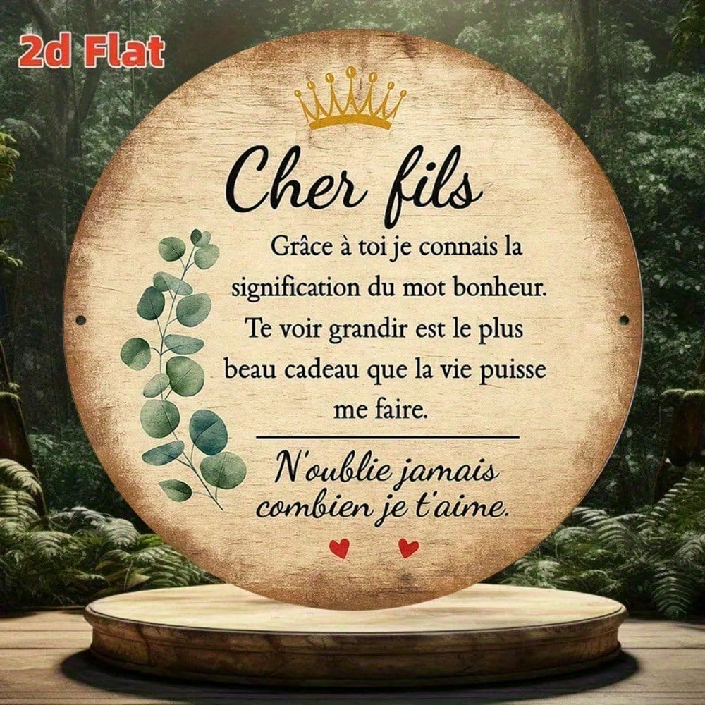 Cher fils Français rond aluminium panneau 8x8in Vintage Wall Art