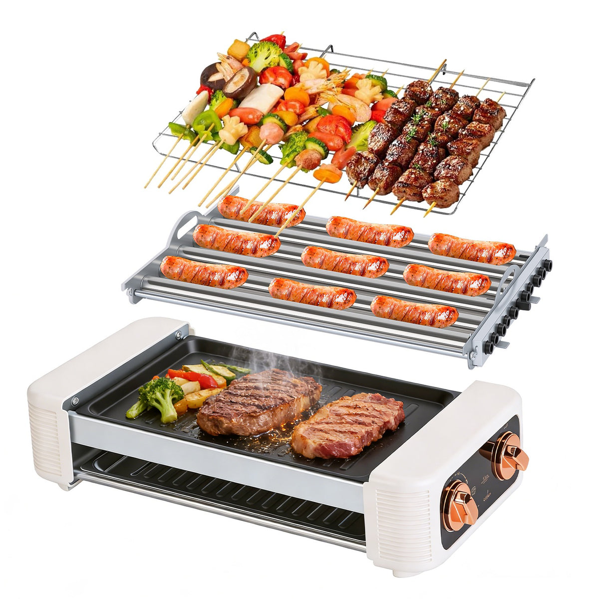 3 En 1 Électrique Rouleau de chien Machine avec Grill & Gridle 6-Roller Chef de chien sans fumée Non-