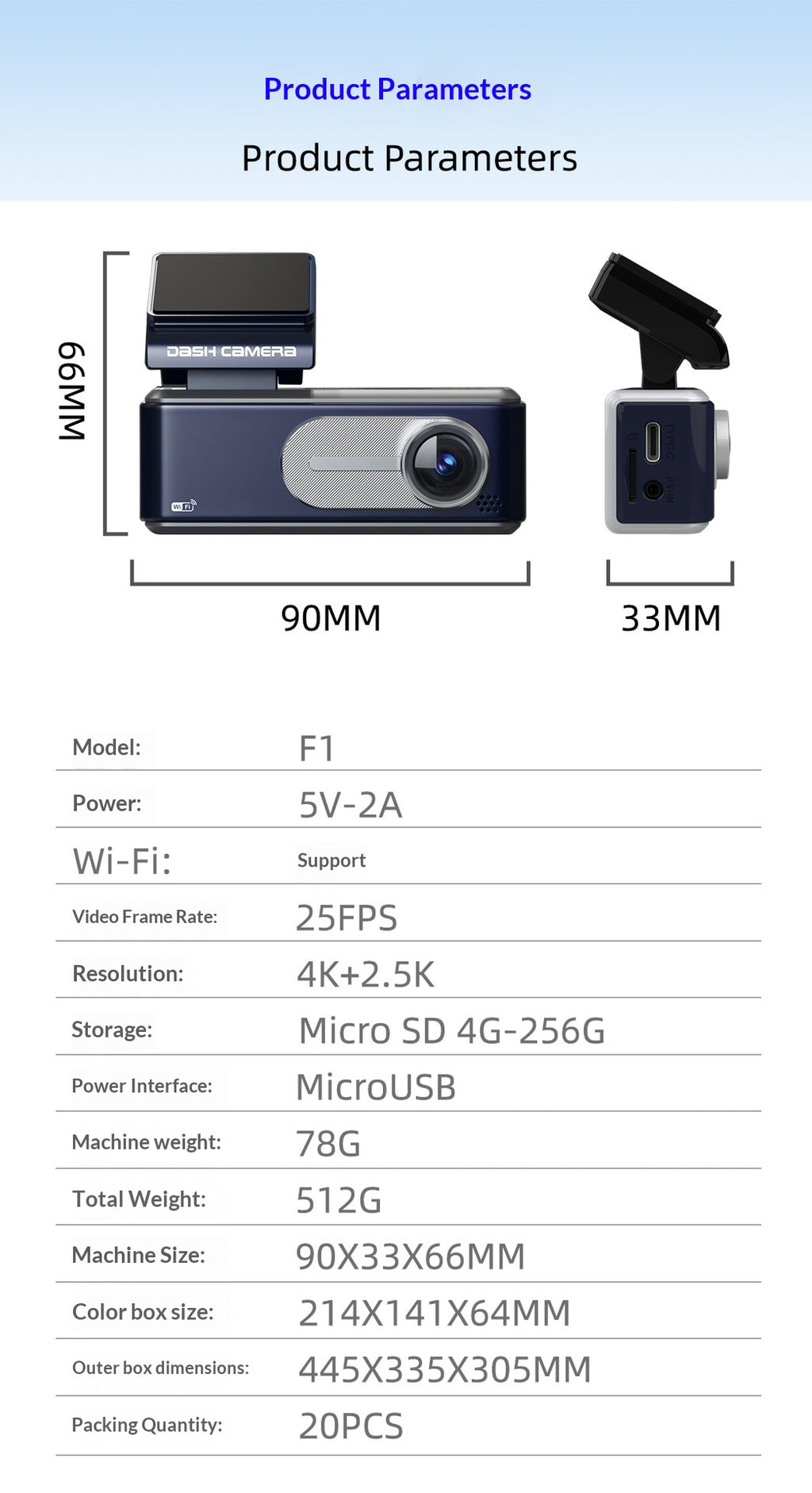 Double caméra haute définition 4K voiture Dashcam avec fonction d'enregistrement