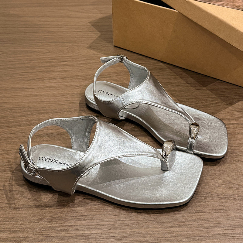 Style français Épaisseur semelle métal boucle String Sandales femmes Été Fée Style Toe carré Rom