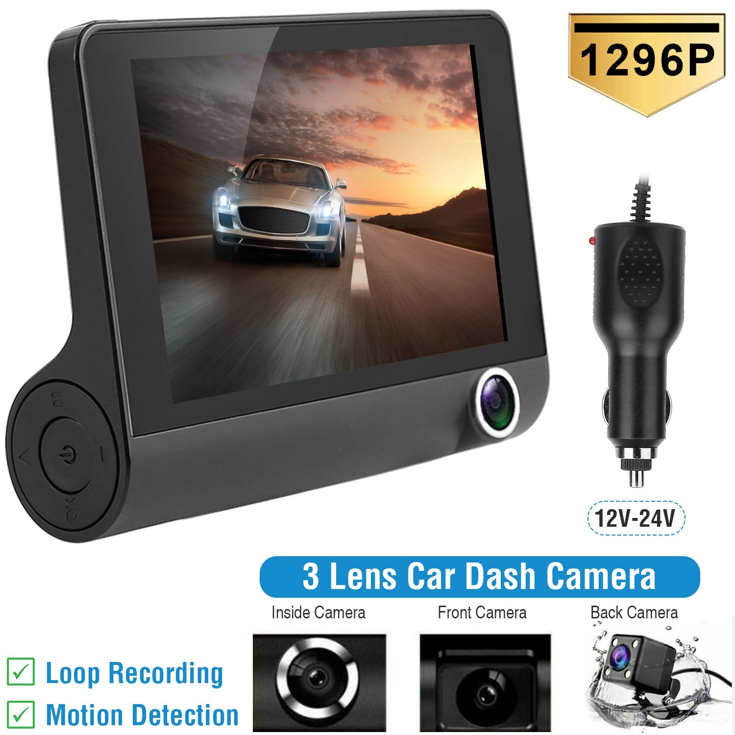 1296P Voiture DVR Dash Camera 4En 3 Lens Vehicle Drive Recorder Enregistrement sans couture