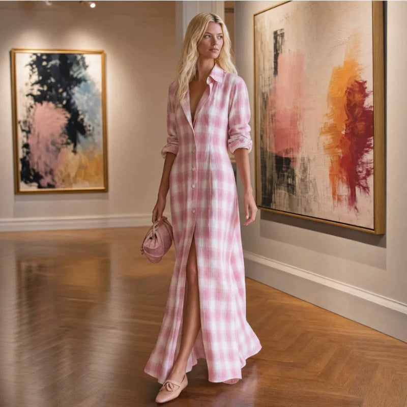 Robe Retro Casual Plaid Maxi