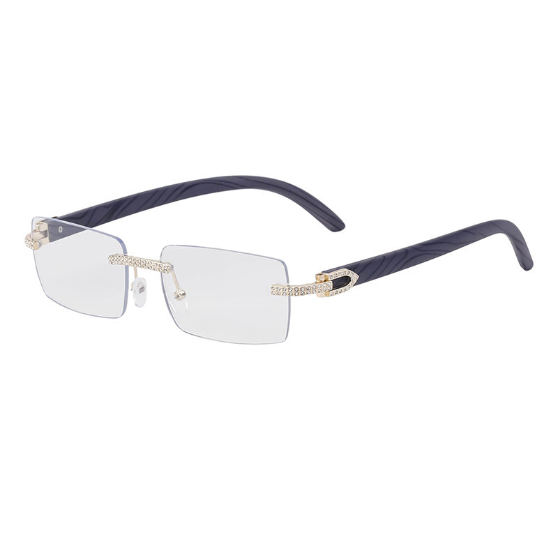 Lunettes de soleil homme sans cadre rétro avec bras de temple en bois incrusté de diamant