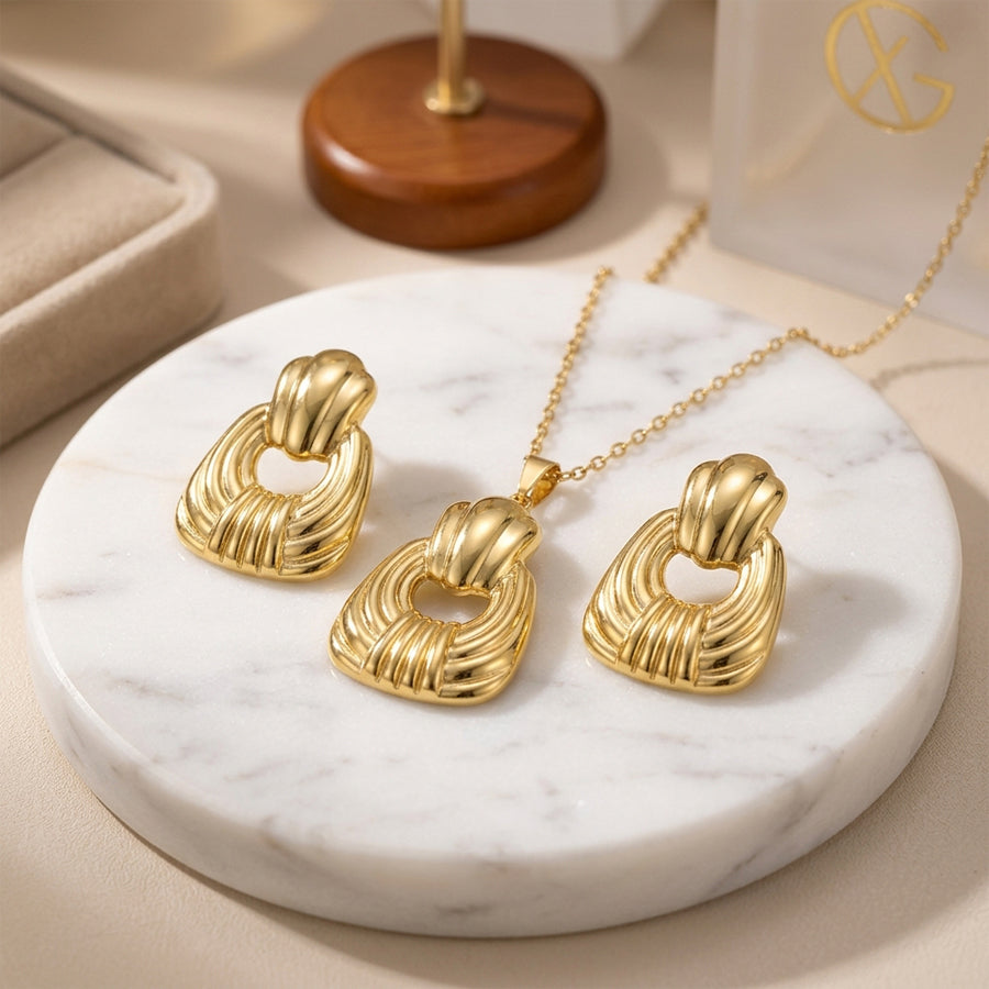 Or Ton en acier inoxydable Ribbed Texturé Hollow Square Ensemble de bijoux 2Pcs Pendentif femme Nec
