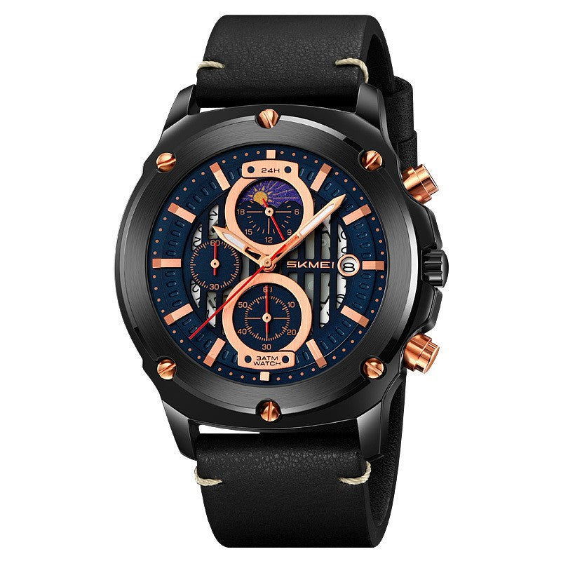 Montres de mode homme Tendance Ceinture homme montre trois yeux et six aiguilles montre Quartz