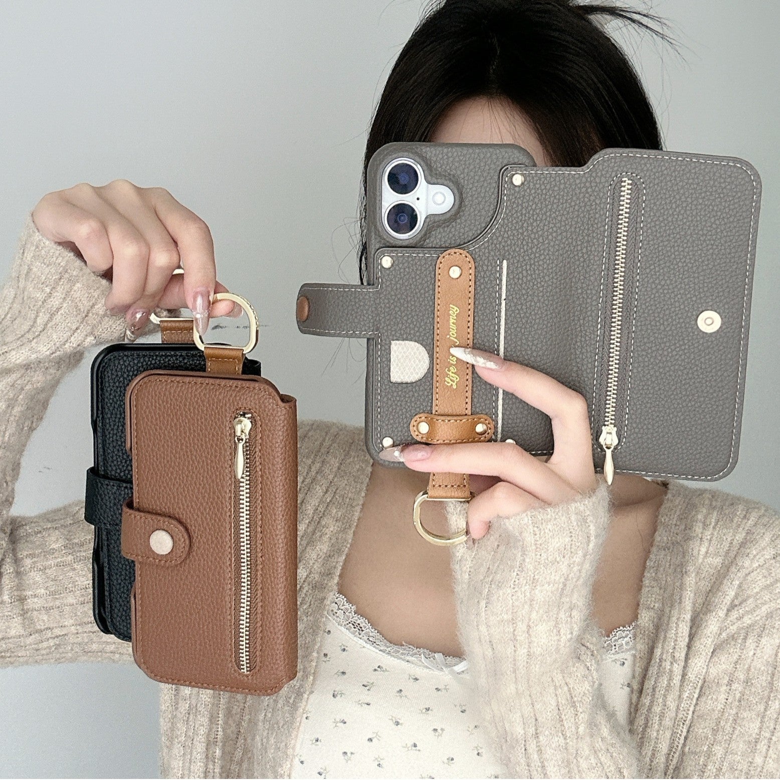 Litchi cuir de grain dos collant Flip téléphone en cuir Case