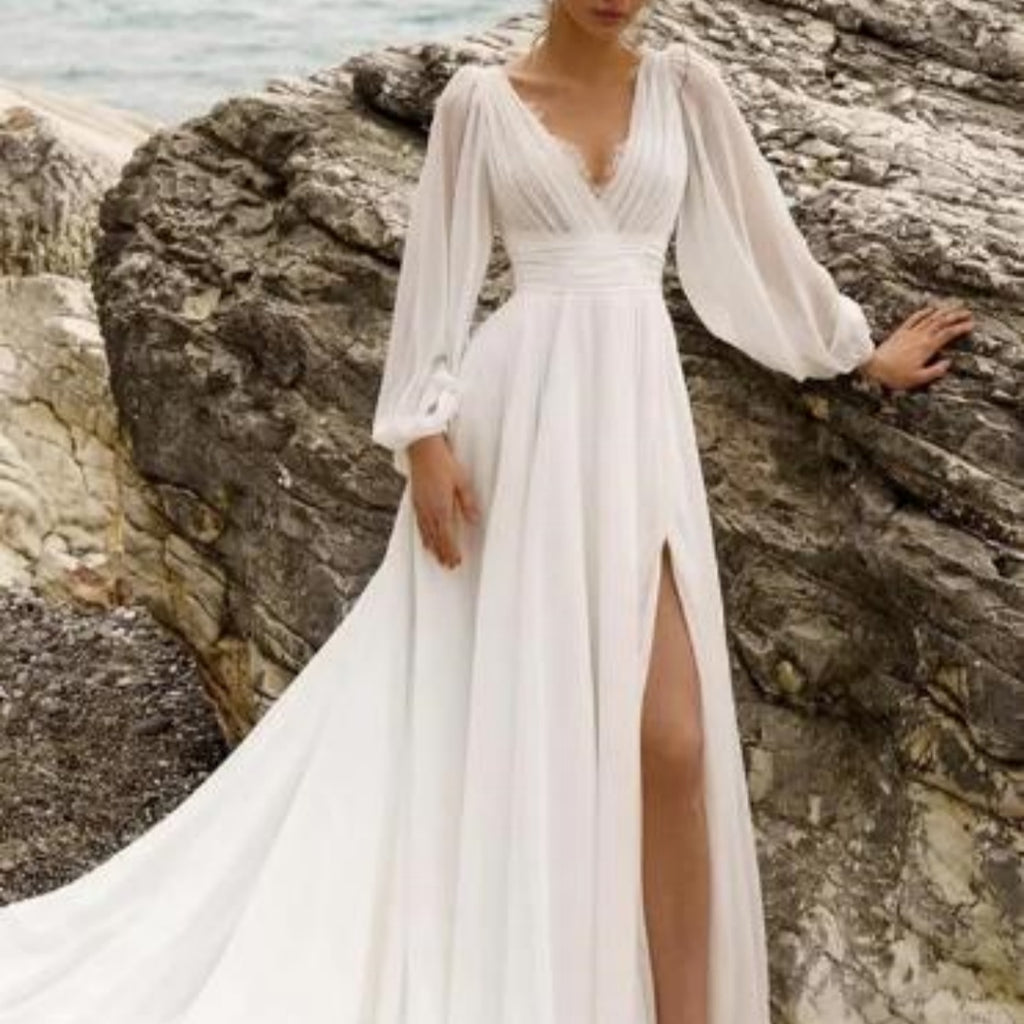 European and American High Waist Plus Size Deep V Long Sleeve Moping Backless Wedding Dre