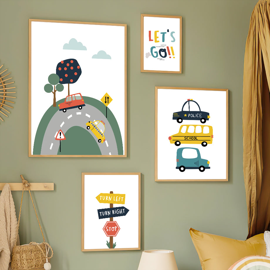 Cartoon Cab Camion Autoroute Traffic Lumière Mural Art Toile Peinture