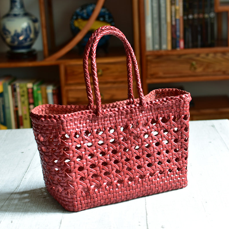 French style woven bag Genuine leather basket shape