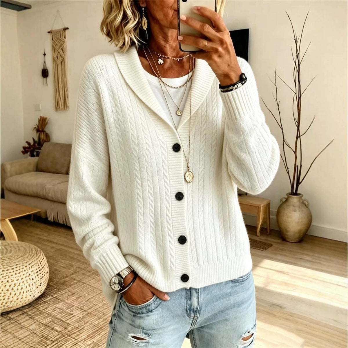 Cardigan à câbles en lapel de couleur solide