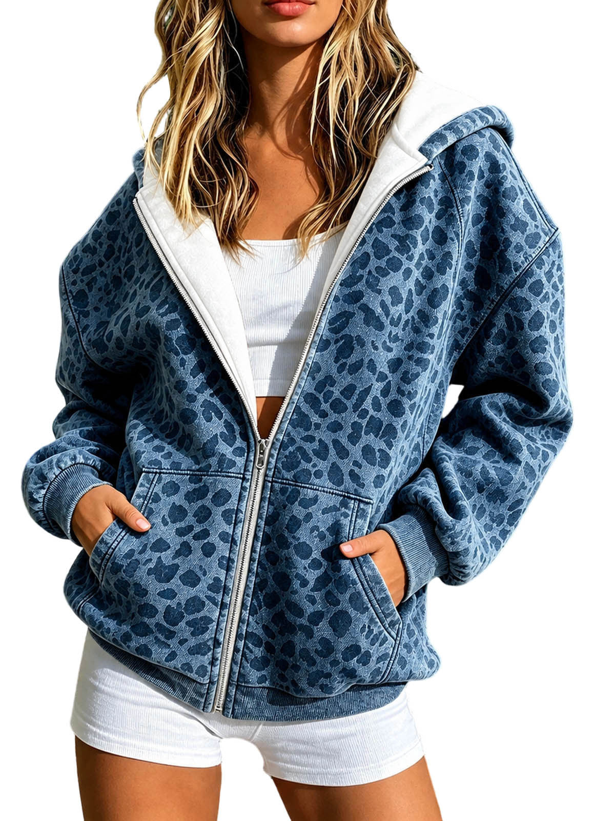 Cross Border European and American Women's Fashion Leopard Print Sweatshirt à capuche zippé