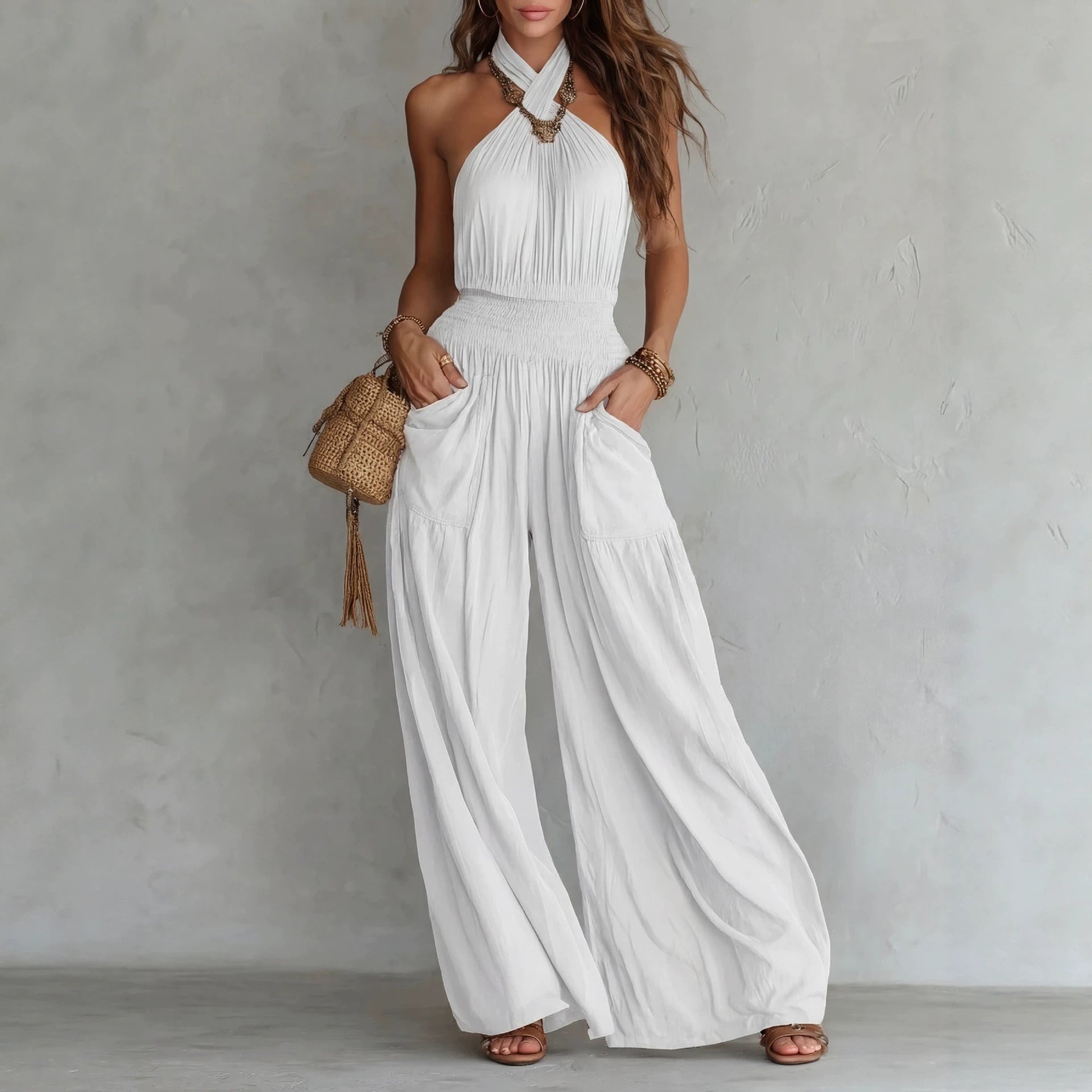 Cross border Women Vêtements Export Bohemian Style Backless Sleeveless Large Leg Jumpsuit Wi