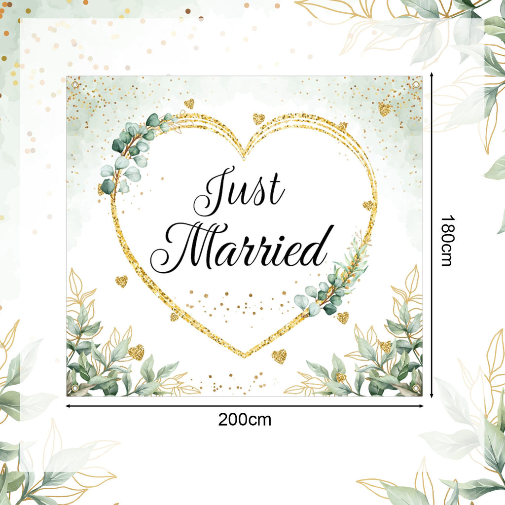 Just Married. Wedding Decoration Set with 2 Mini Scissors and A 180x200 Cm Green Backdrop