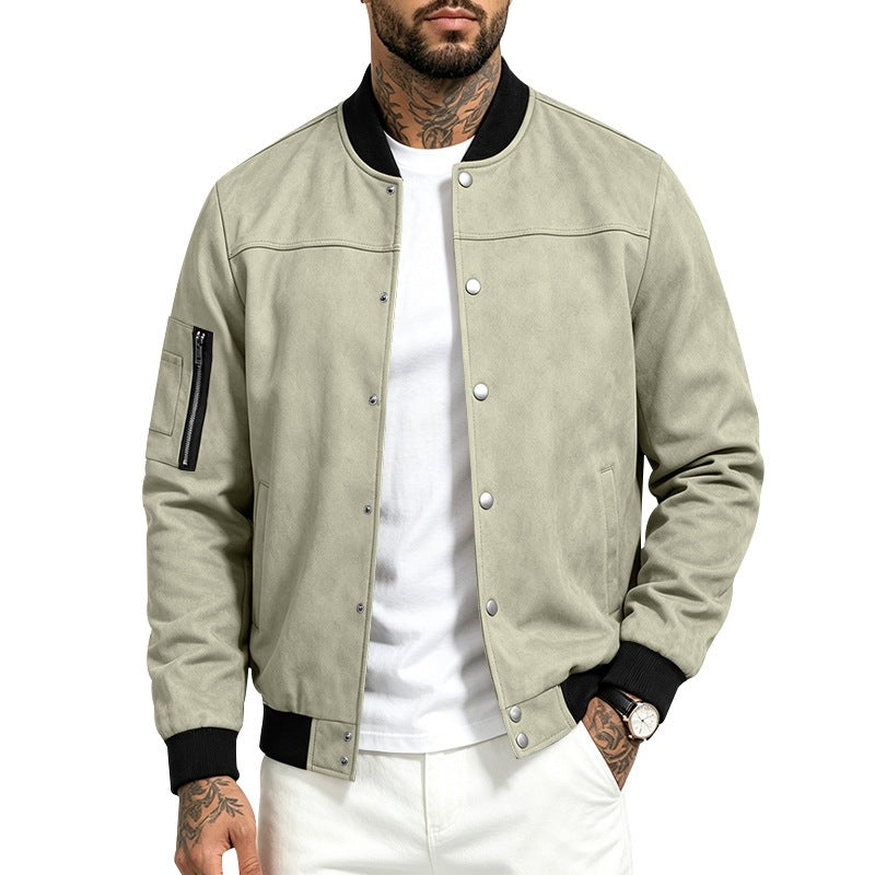 Homme Suede-Blend Casual Sportif Stand-Neck Veste avec boutons