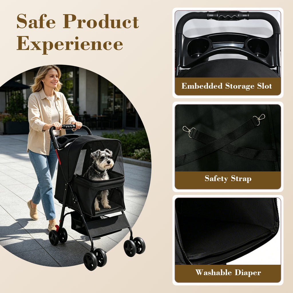 Poussette pliable pour petits chiens et chats de moins de 28 lb avec plateau multifonctionnel