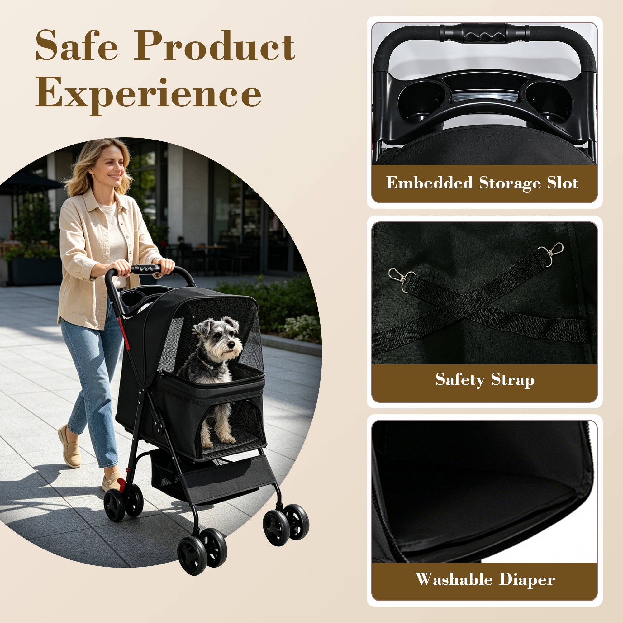 Poussette pliable pour petits chiens et chats de moins de 28 lb avec plateau multifonctionnel