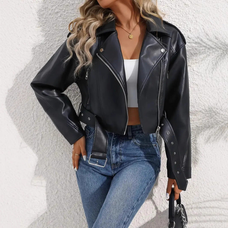Veste courte en cuir PU Lapel Slim-Fit pour femmes