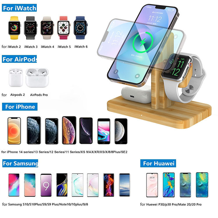 Chargeur sans fil Bamboo Porte-téléphone multifonctionnel trois en un