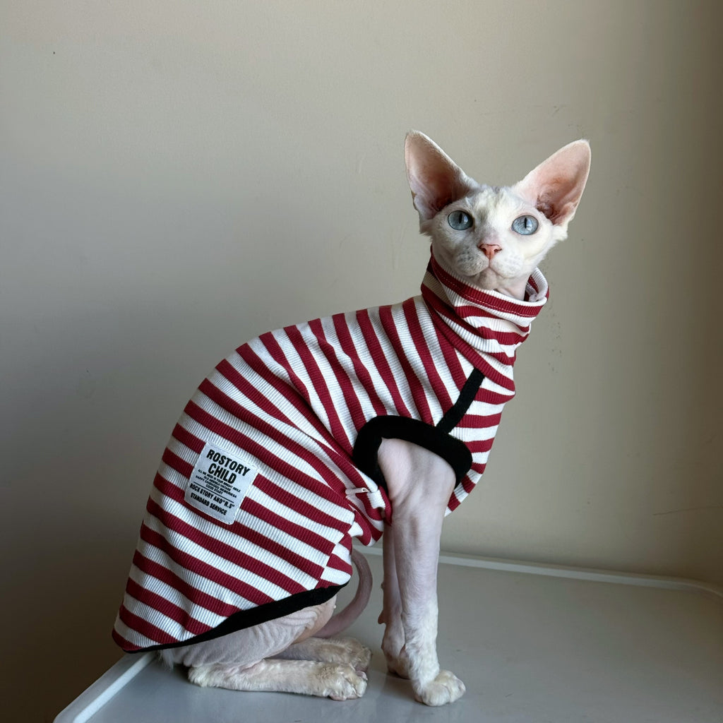 Sphynx Chemise sans manches de printemps de chat rouge et blanc rayé vêtements de mode pour les chats sans cheveux