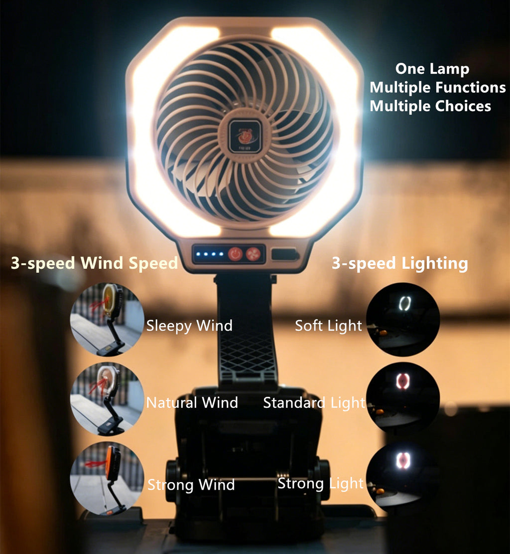 Ventilateur de refroidissement rechargeable portable Eventail de camping pliable avec éclairage LED 3 modes