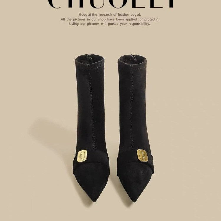 Femmes Pied pointu orteil noir Haut talon Bottes de cheville en métal français Boucle élastique Slim Fit Bottes