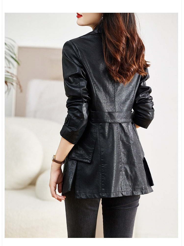 Manteau de cuir mi-long pour femme Printemps et automne
