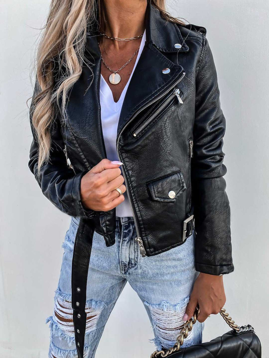 Veste Top PU en cuir zipper court