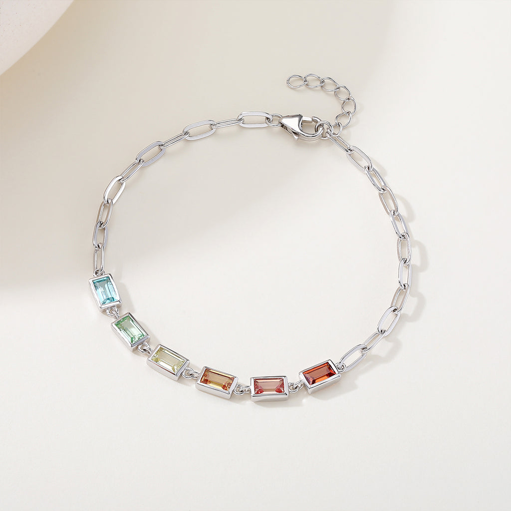 S925 Argent Sterling Rectangle Rainbow Lab-Grown Bracelet en pierre gemme 16cm Paperclip Chaîne Pl