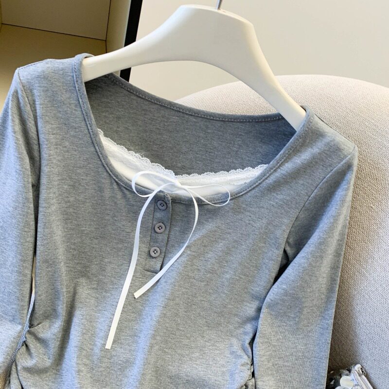 Dentelle Faux T-shirt à manches longues à col carré deux pièces