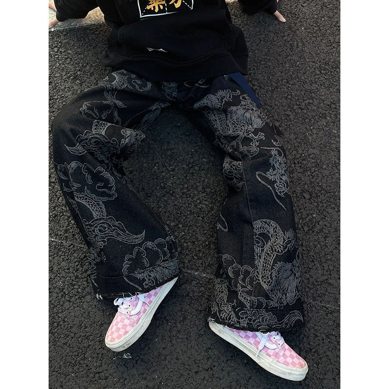 Style américain Vintage Edgy Dragon-print Slimming Large-leg Denim Pantalons