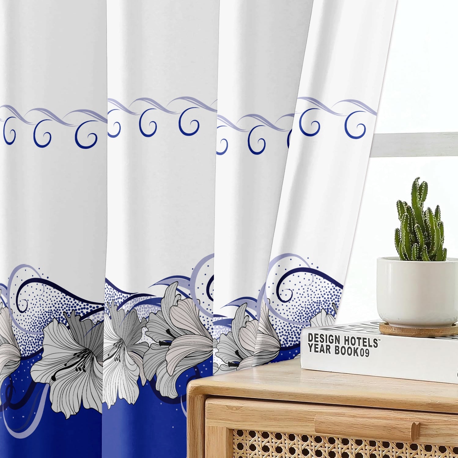 9-Piece bleu et blanc lotus couvre-lit et rideau pour roi