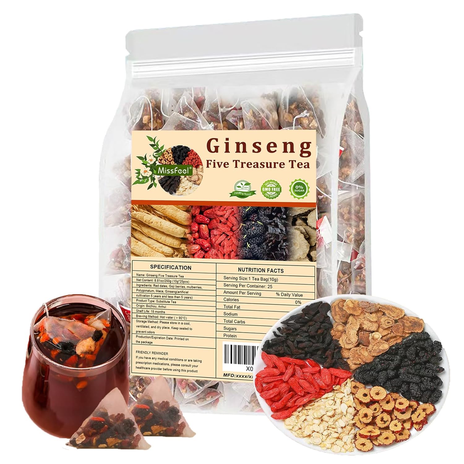 25bags Thé Rein Formule Ginseng Cinq Trésor TeaCombination Thé parfumé Huit Trésor