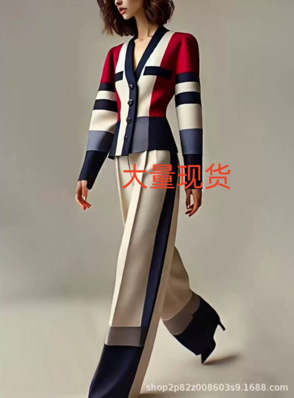 Xiaoxiang Style Contrasting Couleur Col V tricoté Cardigan Femmes Retro Color Block Splici