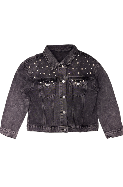 Femmes Perle Studded Denim Veste noir lavé embelli Jean Veste Mode Streetwear O