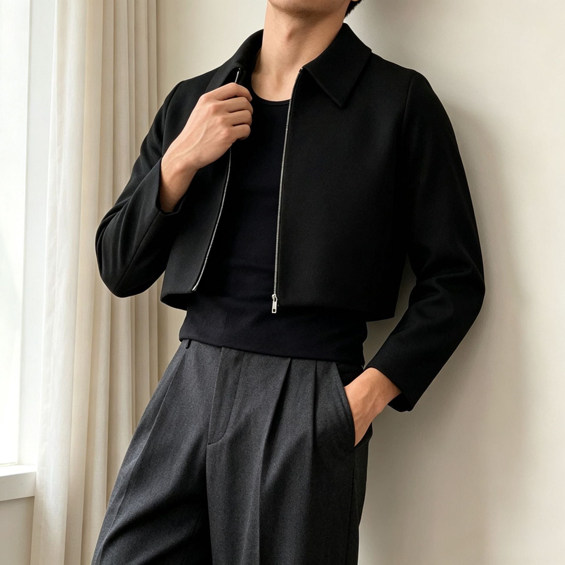 Veste Lapel pour hommes avec une fermeture éclair bidirectionnelle