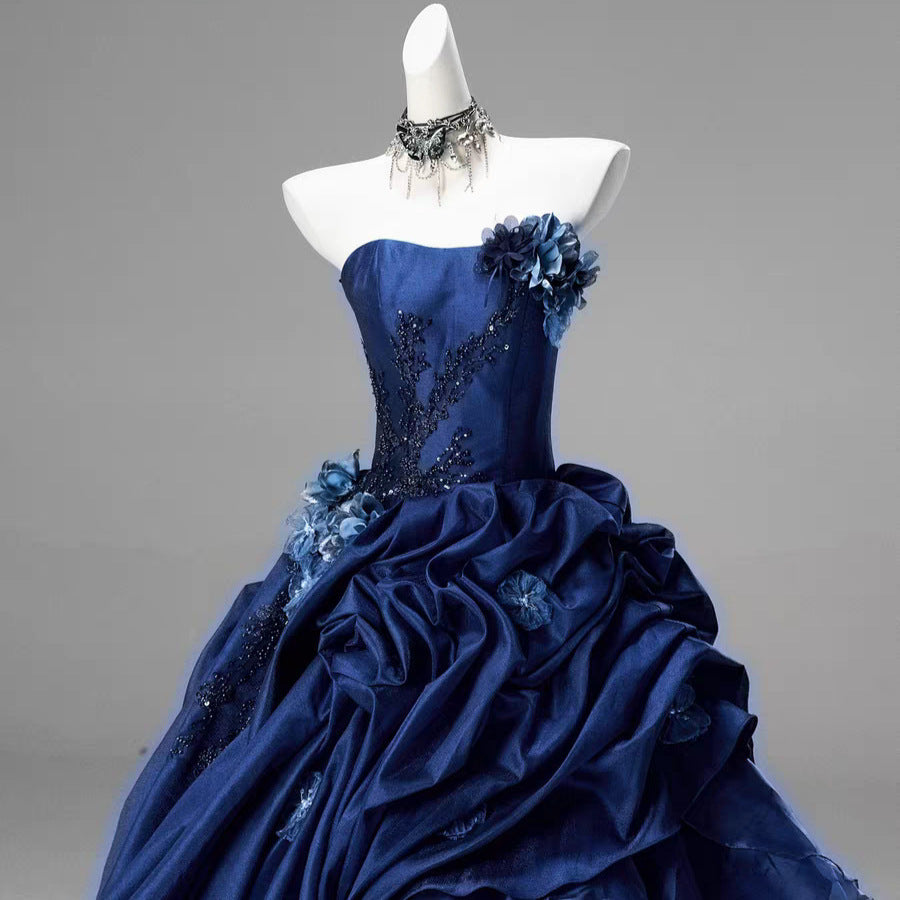 Blue High-end Intricately Embellished Strapless Ball Gown Pour les événements et les banquets du soir