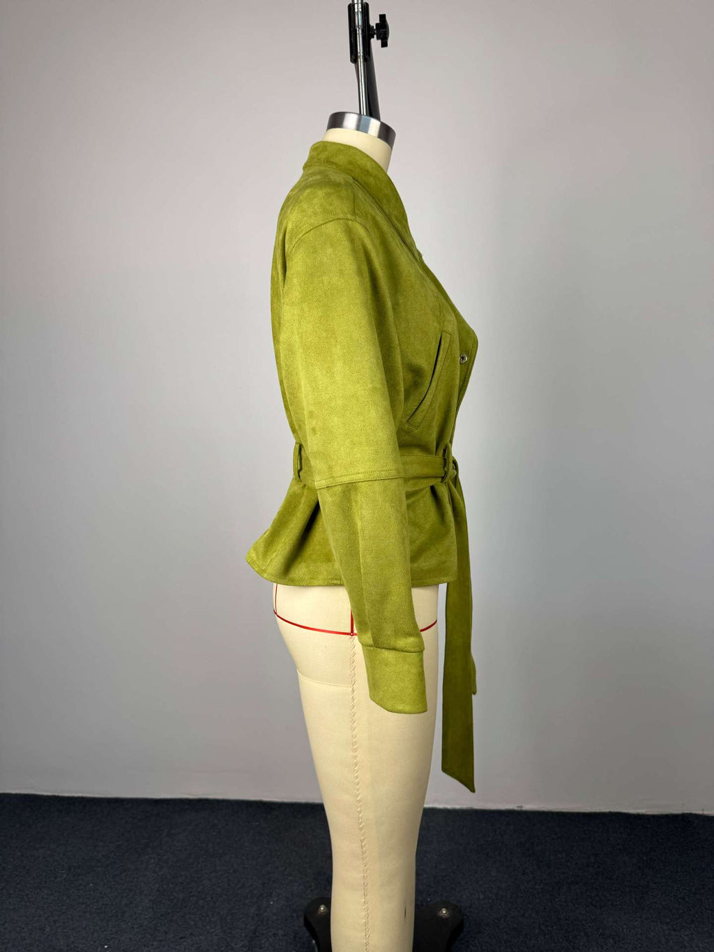 Faux Suede Stand Collar Waist Tie Veste surdimensionnée