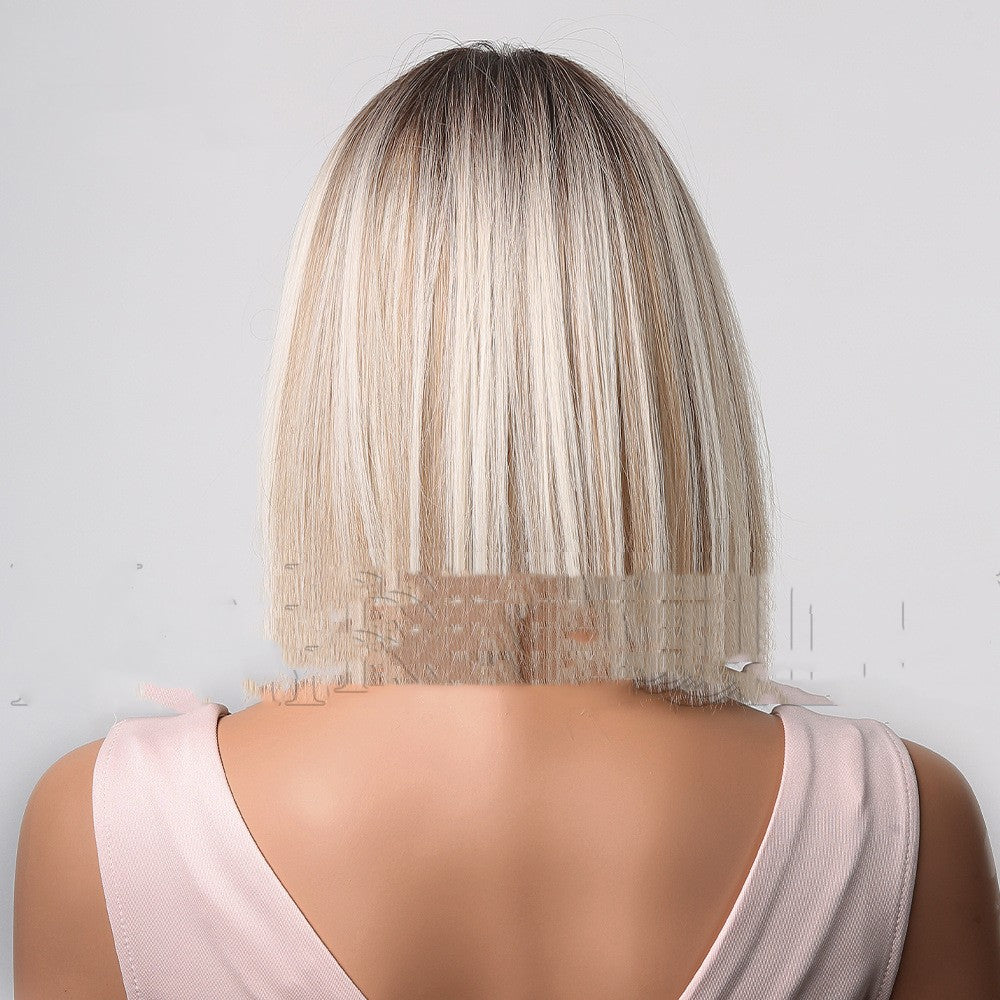 Moyen Gradient Blanc Longueur Épaule Court Droit Perruque
