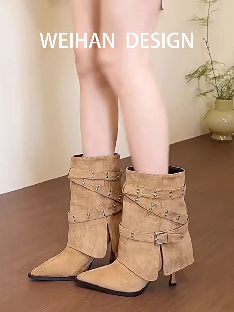 Bottes de tube d'orteil pointue fille Femmes Automne Stiletto Talon Bottes Ceinture Boucle Retro Slimming High