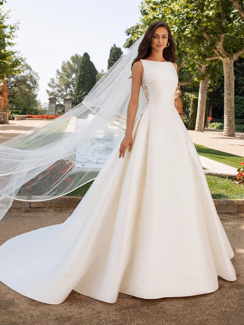 Française Retro Dentelle Texture avancée Satin Slim Mariée Simple Elégante robe de mariée Trailing