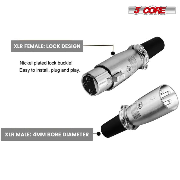 Connecteur XLR 5 Core Homme Femme à 1/4 Audio Jack 3 Pin Sécurisé Mic Plug W Verrouillage Fins