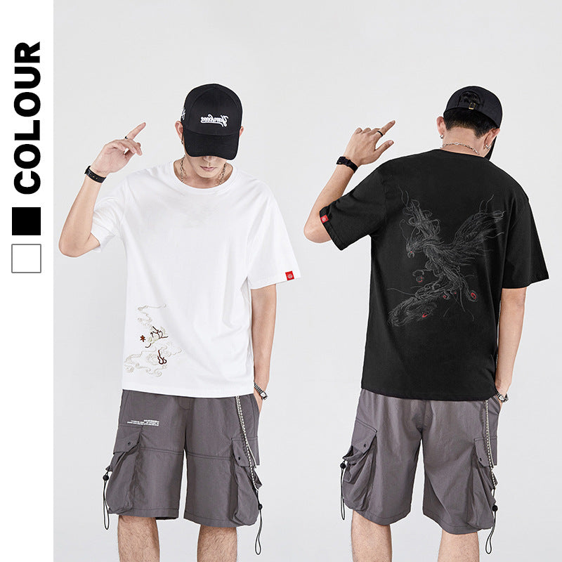 National Tendance Chinese Style Homme Phoenix Brodé demi manches Streetwear Marque