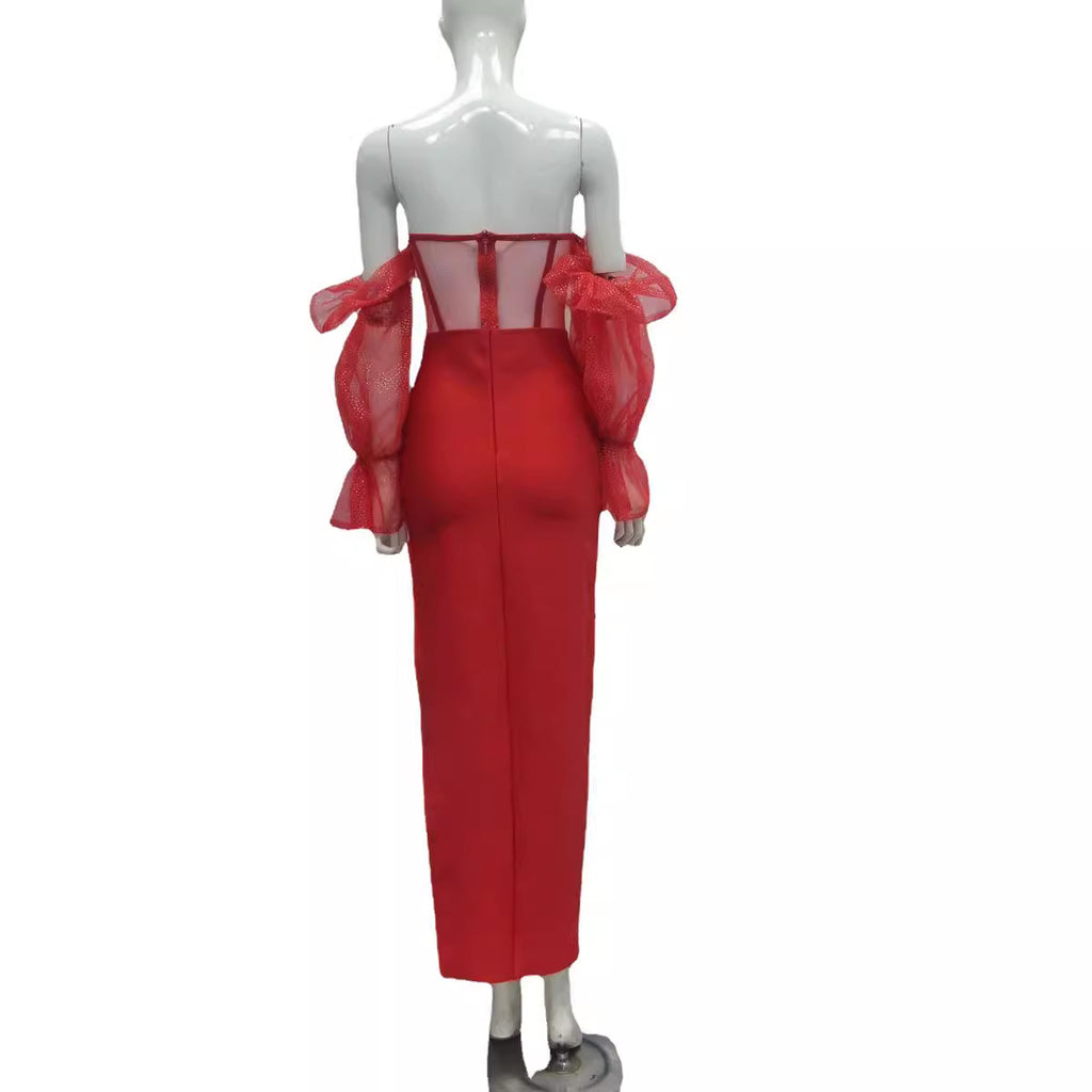 Niche Stretch Hors-épaule Mesh manches longues Élégante robe du soir
