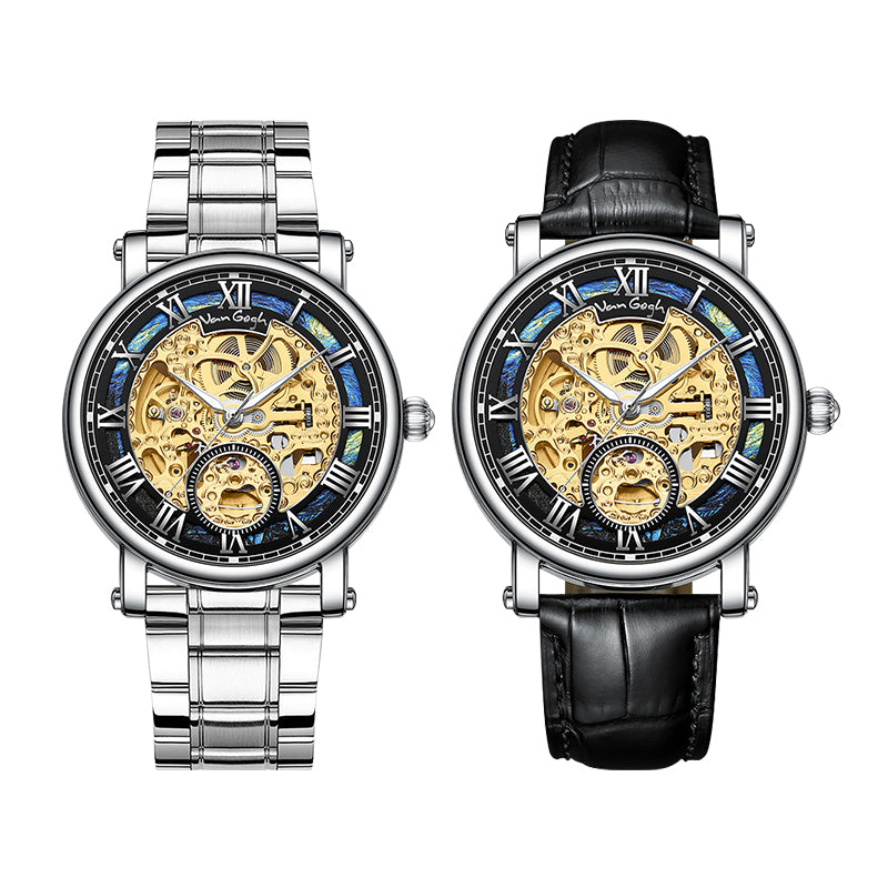 VAN GOGH Starry Night Series Cadran bleu Mouvement mécanique Skeleton Montre quotidienne étanche