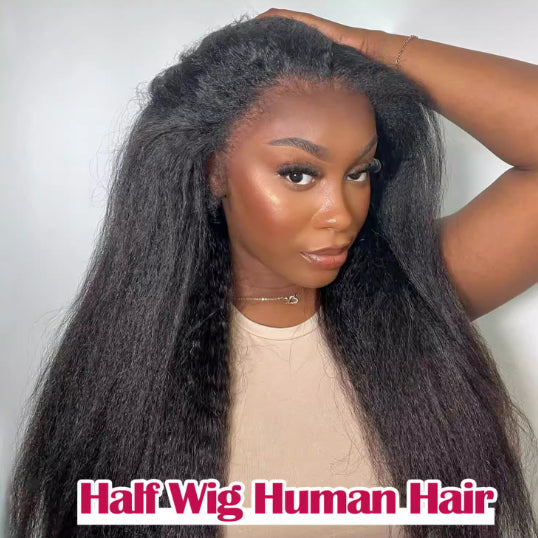 3-en-1 Demi-perruque cheveux humains avec cordon kinky cheveux droits