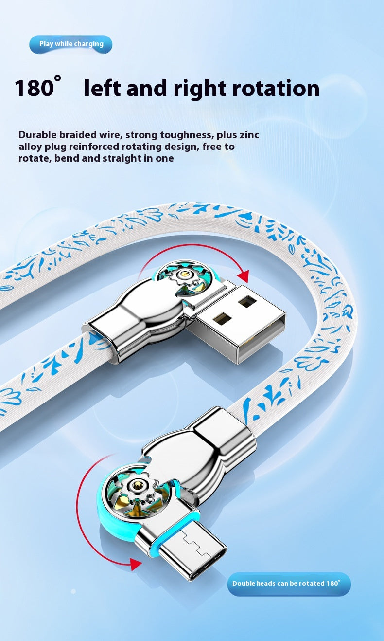 Double câble de données à charge rapide en porcelaine bleue rotative et blanche