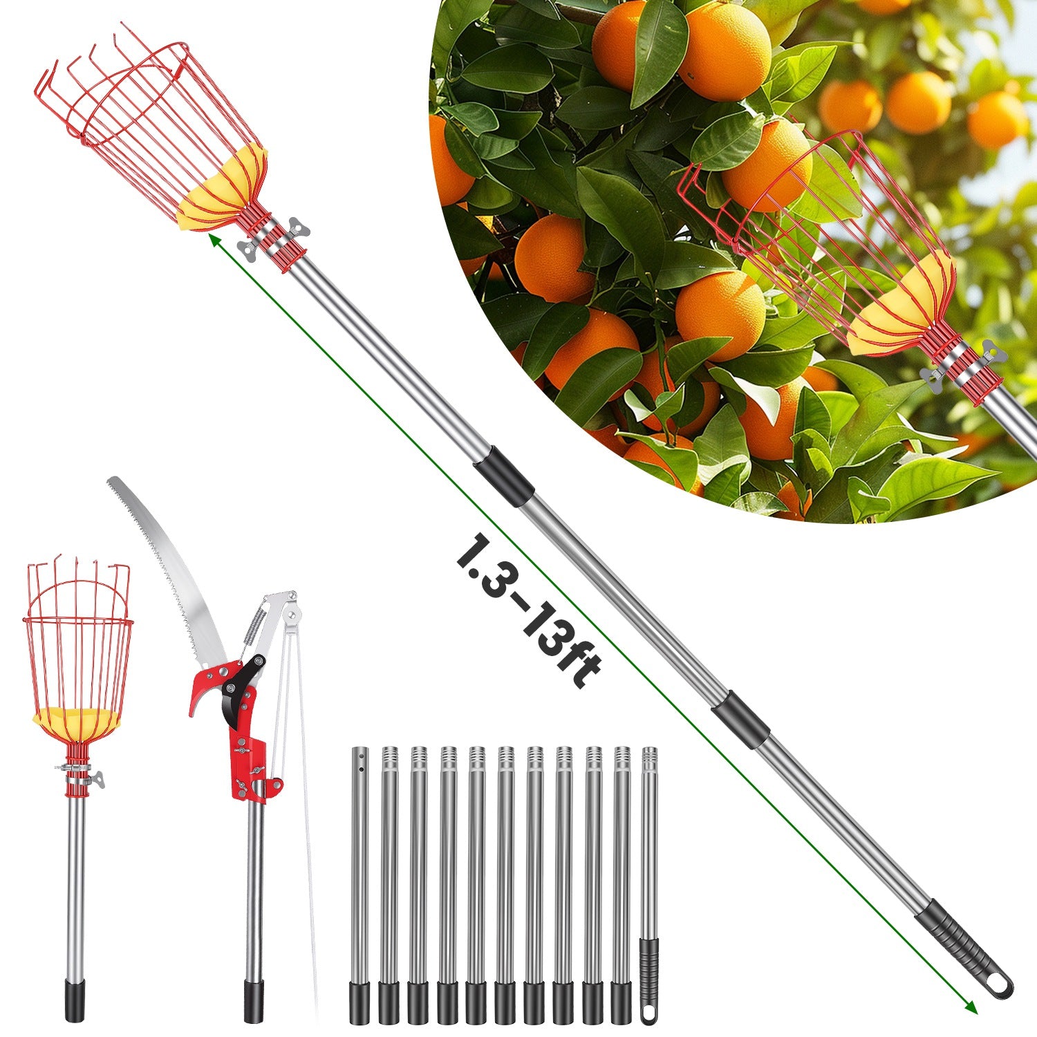 14.4FT OU 10.9FT Option 2-en-1 Picker de scie et de fruits avec Pol en acier inoxydable extensible